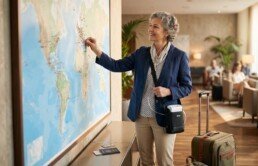 Traveller with a portable oxygen concentrator and suitcase beside a world map, representing medical oxygen support for holidays abroad.