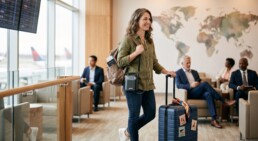 Upbeat traveller in their late 30s with a portable oxygen concentrator and suitcase preparing for an international trip.
