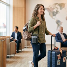 Upbeat traveller in their late 30s with a portable oxygen concentrator and suitcase preparing for an international trip.