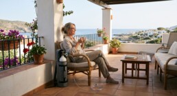 Traveller relaxing at Mediterranean accommodation with medical oxygen arranged for the holiday