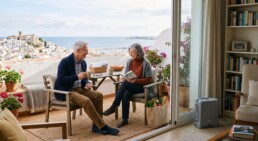 Couple enjoying a long winter stay abroad with medical oxygen in their apartment