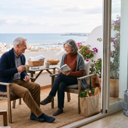 Couple enjoying a long winter stay abroad with medical oxygen in their apartment